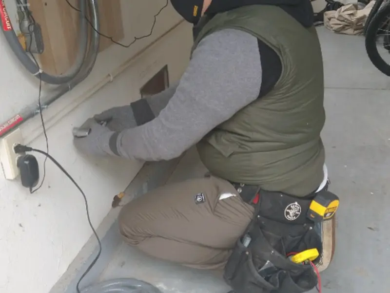 Electrician performing outlet wiring in a Baxley garage